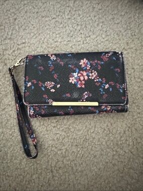 Kohl's Black Floral Wristlet Clutch with Pink & Blue Blooms